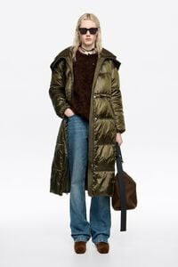 Dark khaki down jacket with maxi neck and faux shearling hood