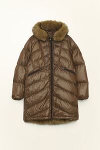 Dark plive mid-length detachable-fur puffer