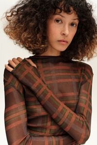 Chocolate checked ruched tulle T-shirt