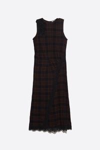 Vestido midi encaixes cadros marr&oacute;n escuro