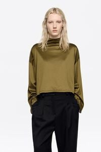 Olive high neck shiny T-shirt