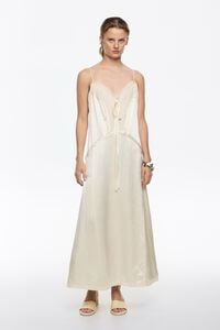 Beige mixed fabrics straight cut midi dress