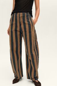 BARREL - Light brown striped denim trousers with buckle