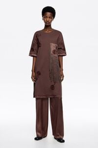 Short brown embroidered fringed dress