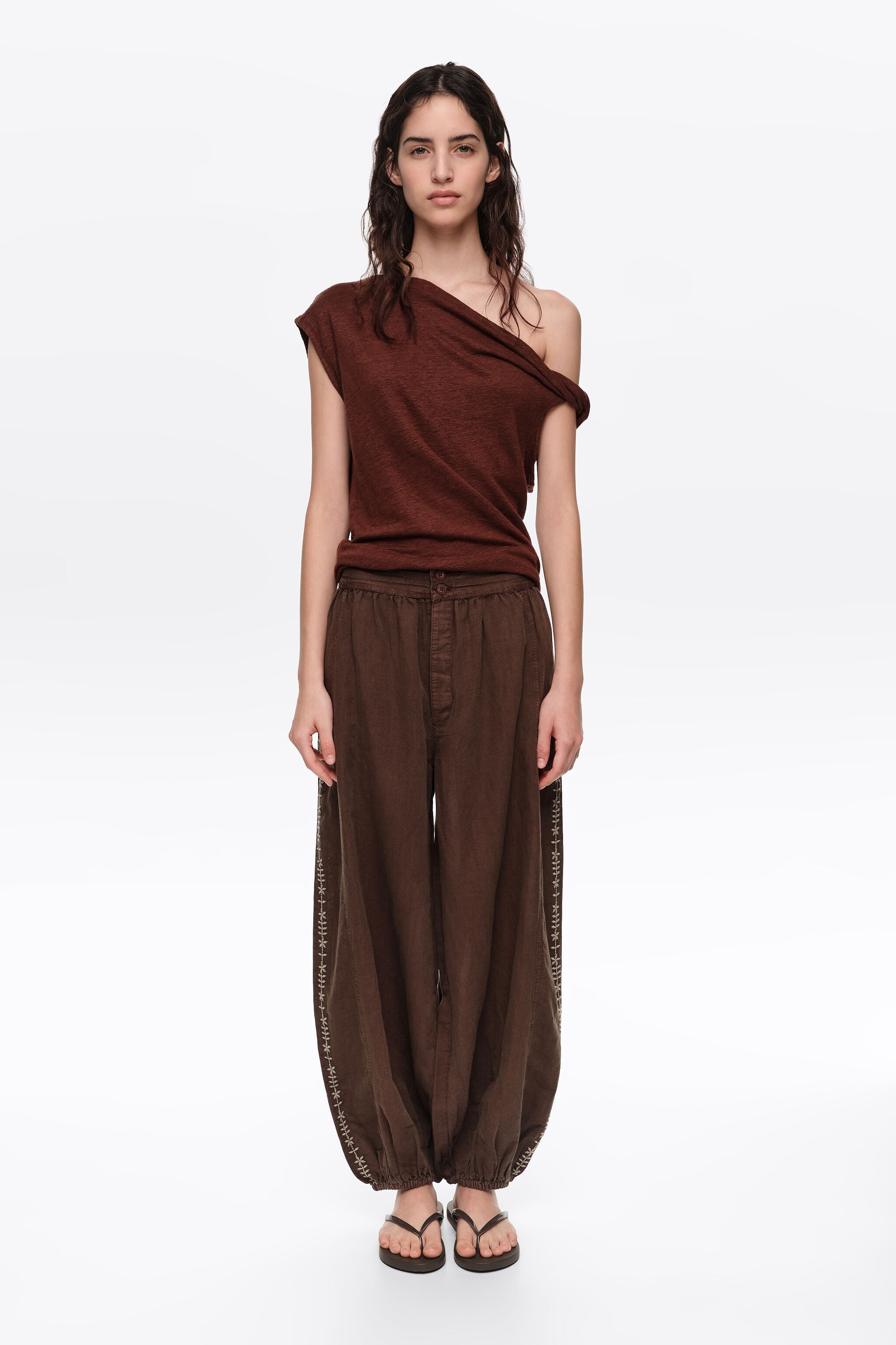 Brown embroidered harem trousers