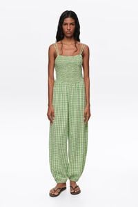 Green checked gathered balloon jumpsuit