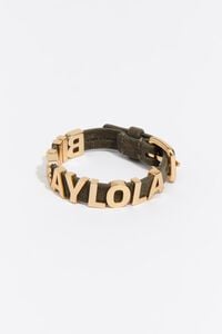Bracelet logo dor&eacute; en cro&ucirc;te de cuir olive avec lani&egrave;re