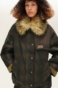 Dark chocolate waxed trench coat with detachable fur
