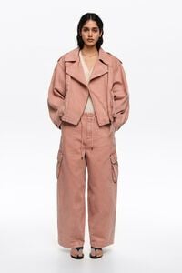 Джинсовий двобортний жакет персикового кольору