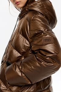 Dark olive fur straight cut hooded puffer