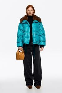 Short turquoise down jacket with fur collar and adjustable hem