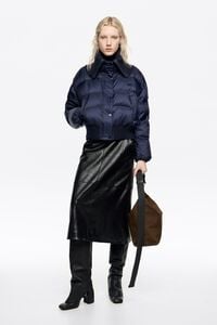 Navy blue down jacket with maxi knit neck