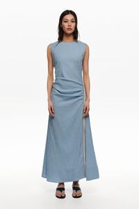 Sleeveless dress with blue striped overlay strap