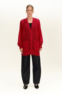 Long red mohair cardigan