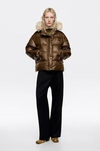 Short dark khaki fur hooded down jacket