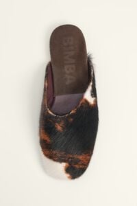 Cow print leather fur mule