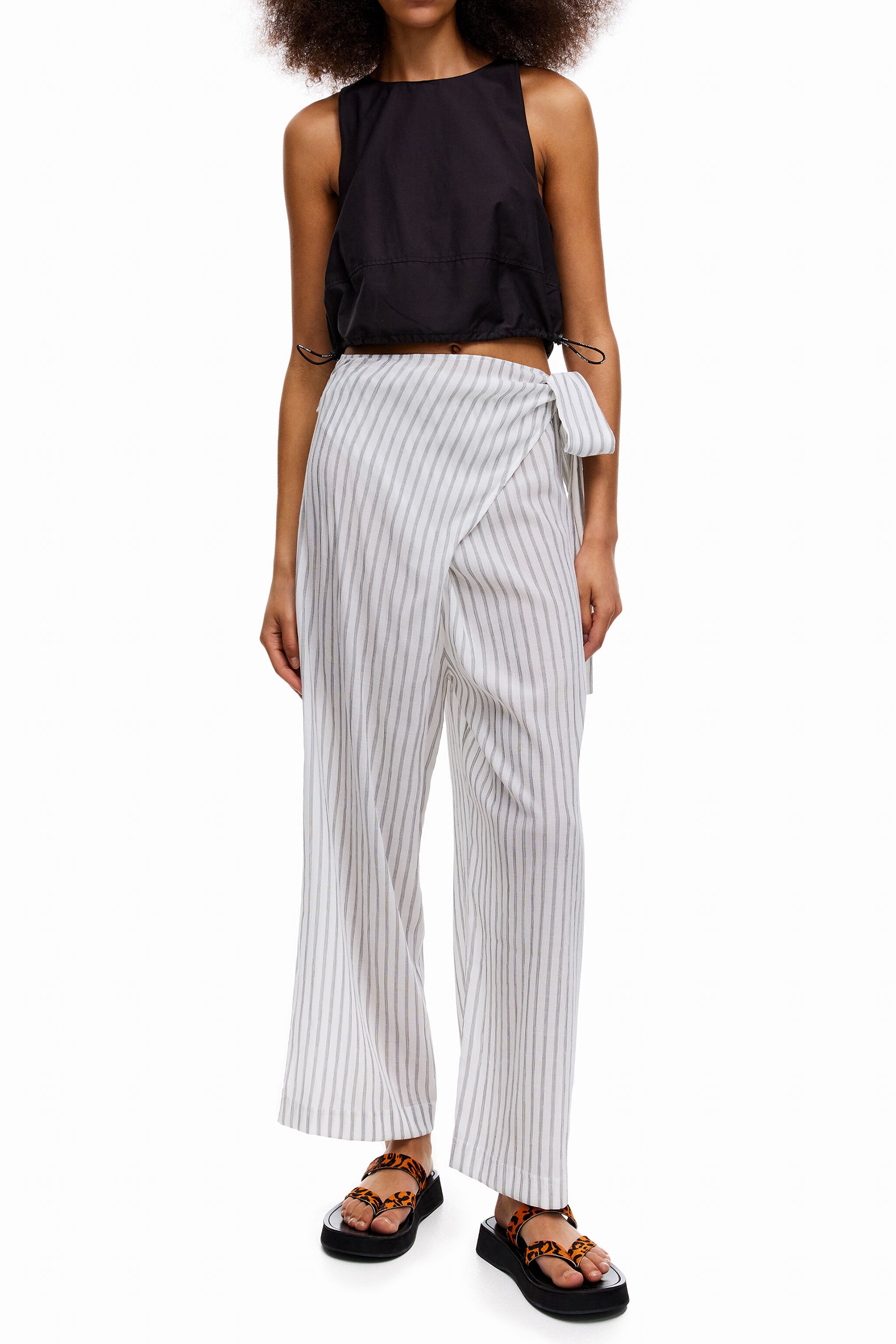 Two-tone striped wrap trousers