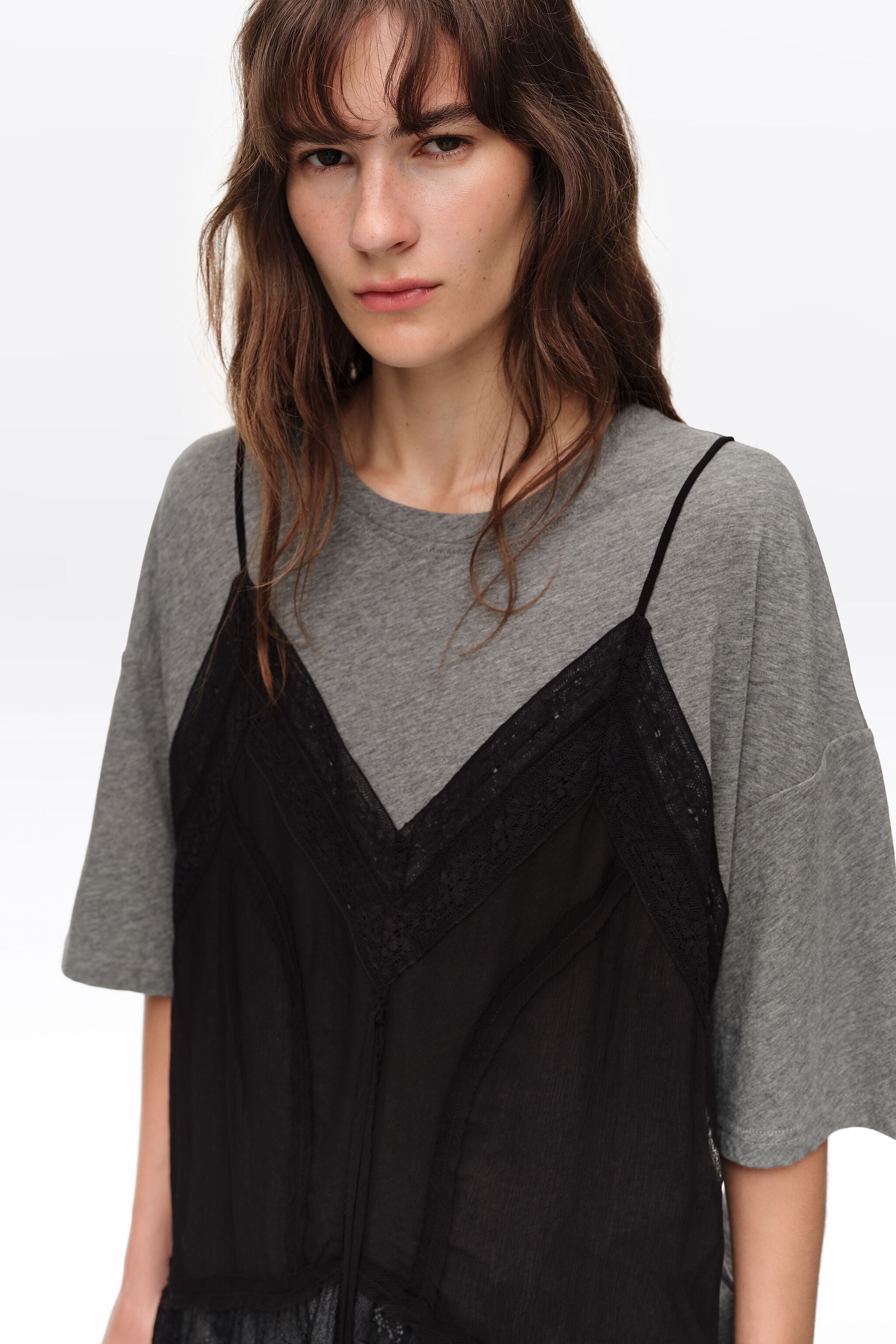Gray melange fluid layer T-shirt top