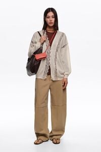 Long sand cotton and linen cardigan with lace trim