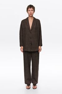 Brown checked straight tailored wool blazer