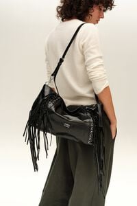 Bolso sobre grande piel flecos negro