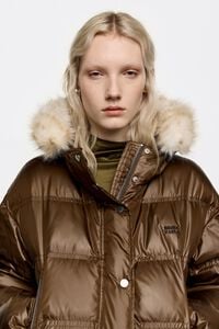 Short dark khaki fur hooded down jacket