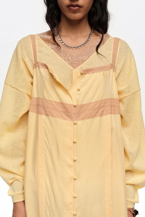 Bimba Y Lola Yellow A-Line Dress with Buttons and Lace