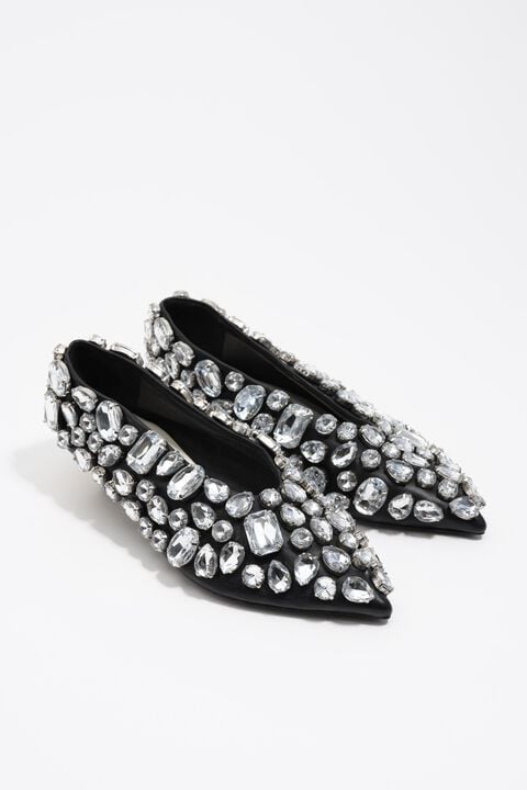 Black leather medium heel court shoe crystals