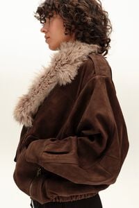 Chocolate leather double-breasted jacket with fur collar