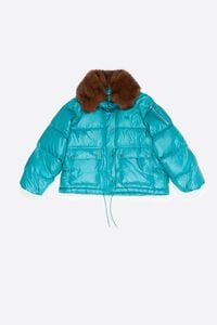 Short turquoise down jacket with fur collar and adjustable hem