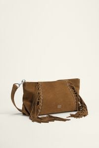 Large olive suede fringed clutch bag