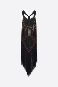 Black embroidered knit top with fringing