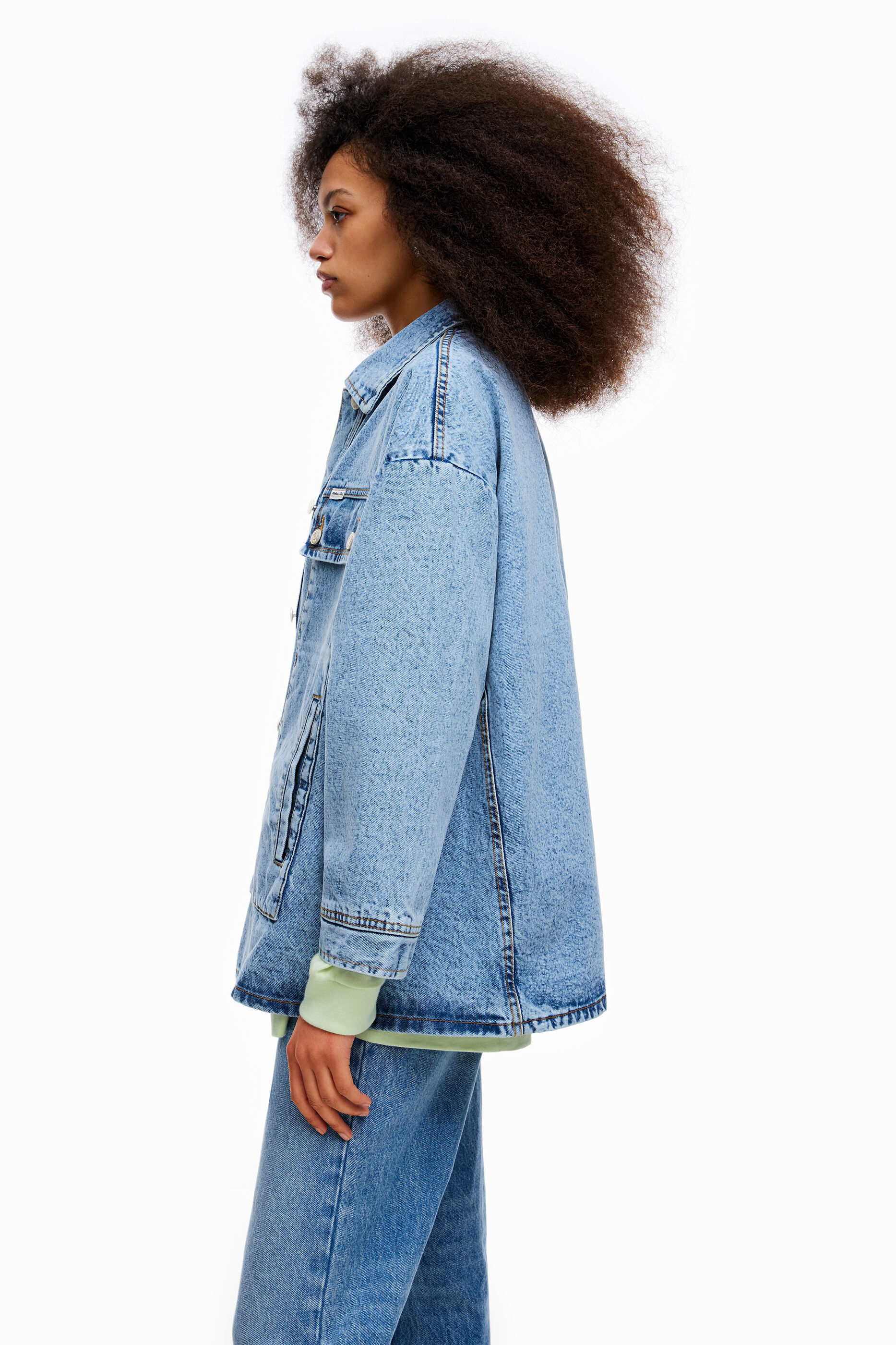Long blue denim jacket