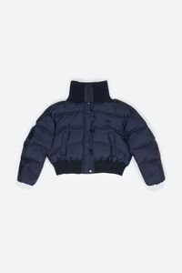 Navy blue down jacket with maxi knit neck