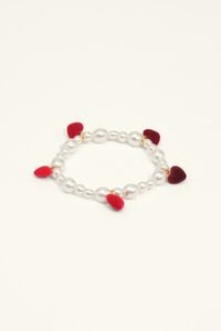 Pulsera el&aacute;stica perlas corazones flocado rojo
