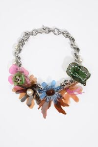Halskette Blumen mehrfarbig mit Kette und Perlen in Silber-Metallic
