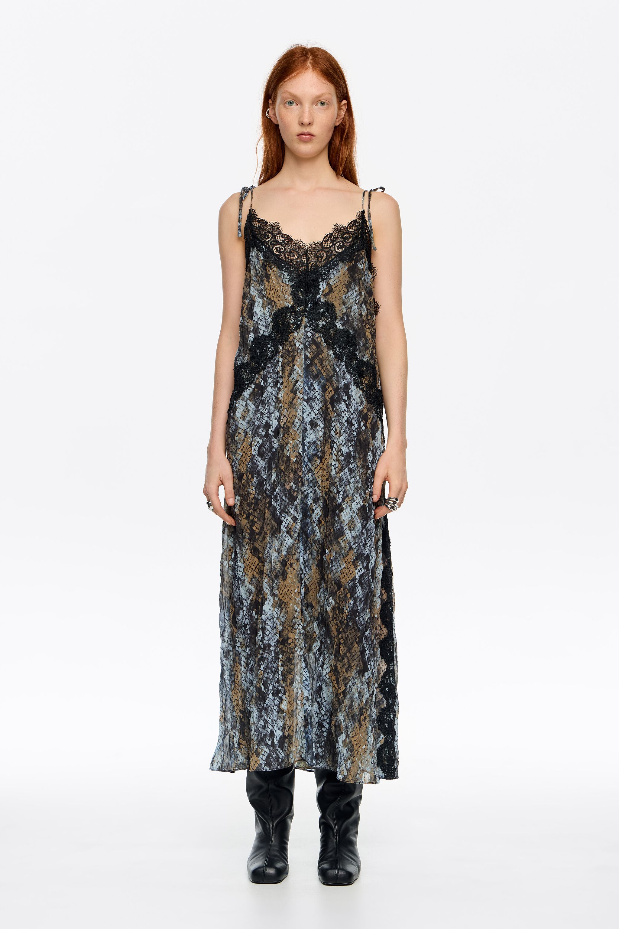 Khaki Snake pleated lace dress