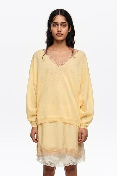 BIMBA Y LOLA Long light yellow cotton linen lace jumper BIMBA Y LOLA Long light yellow cotton linen lace jumper