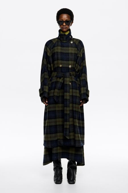 Khaki checked double-face double-breasted coat