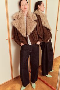 Chocolate leather double-breasted jacket with fur collar