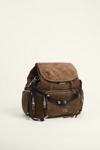 Large dark khaki cotton and suede Pocket bag