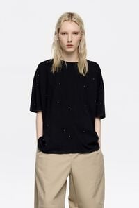 Washed black cotton studded T-shirt