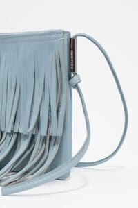 Small sky blue leather fringed clutch bag