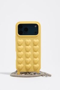 Yellow silicone iPhone 17 Pro Max case with cord
