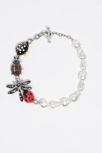 Silver chain and pearl necklace with beetle and dragonfly