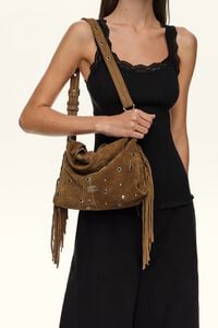 Bolso Paper peque&ntilde;o serraje flecos y tachas oliva