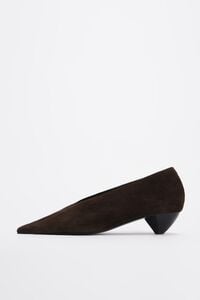 Brown suede low heel court shoe