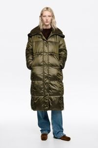 Doudoune duvet grand col capuche peau de mouton kaki fonc&eacute;