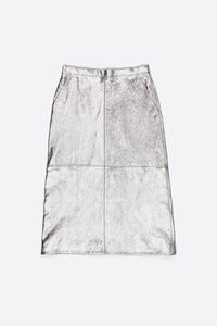 Silver leather A-line midi skirt