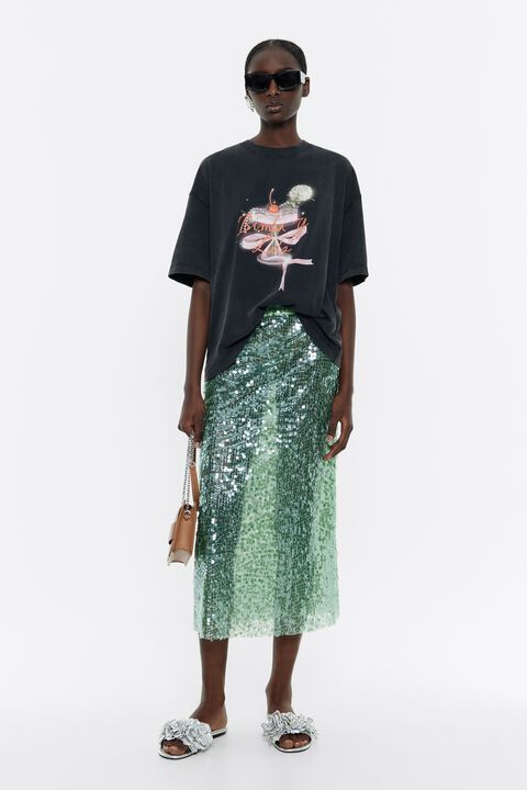 Falda lentejuelas midi verde Falda lentejuelas midi verde